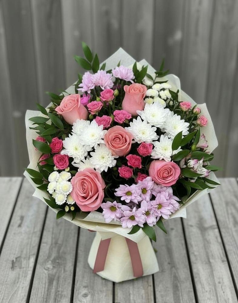 Букет цветов из: Альстромерии, Гвоздики, Розы и Хризантемы в Перелёшинский