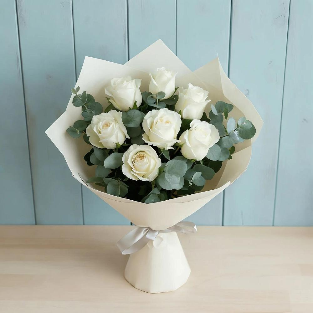 Букет Белые розы в Эвкалипте в Перелёшинский
