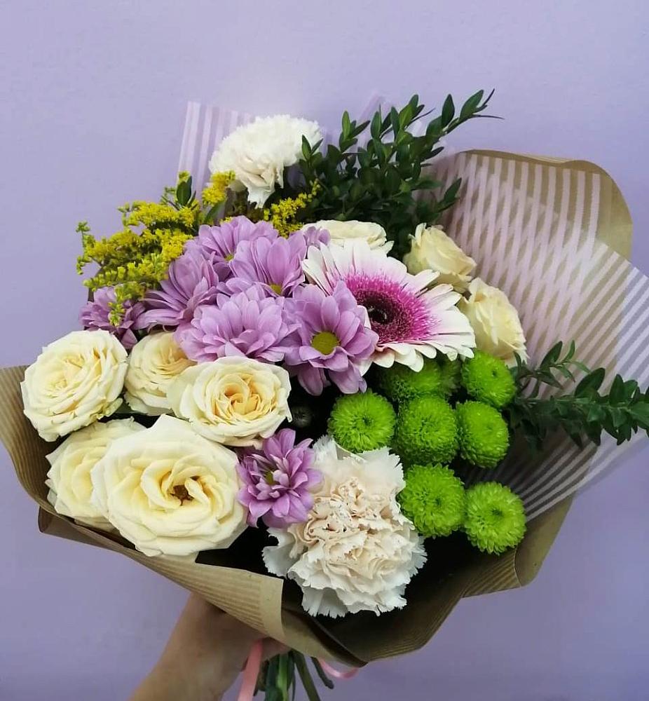 Букет цветов из: Хризантемы, Розы, Гвоздики и Герберы в Перелёшинский