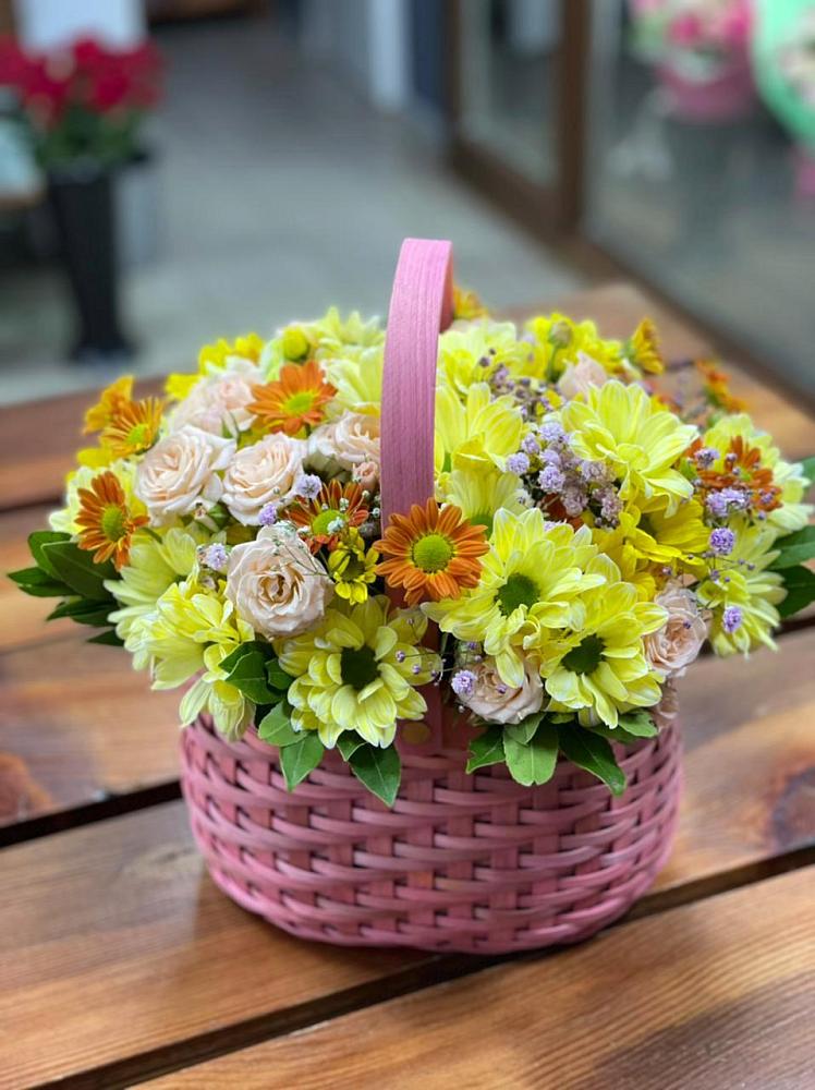 Цветочная композиция из Хризантемы и Розы в корзине в Перелёшинский