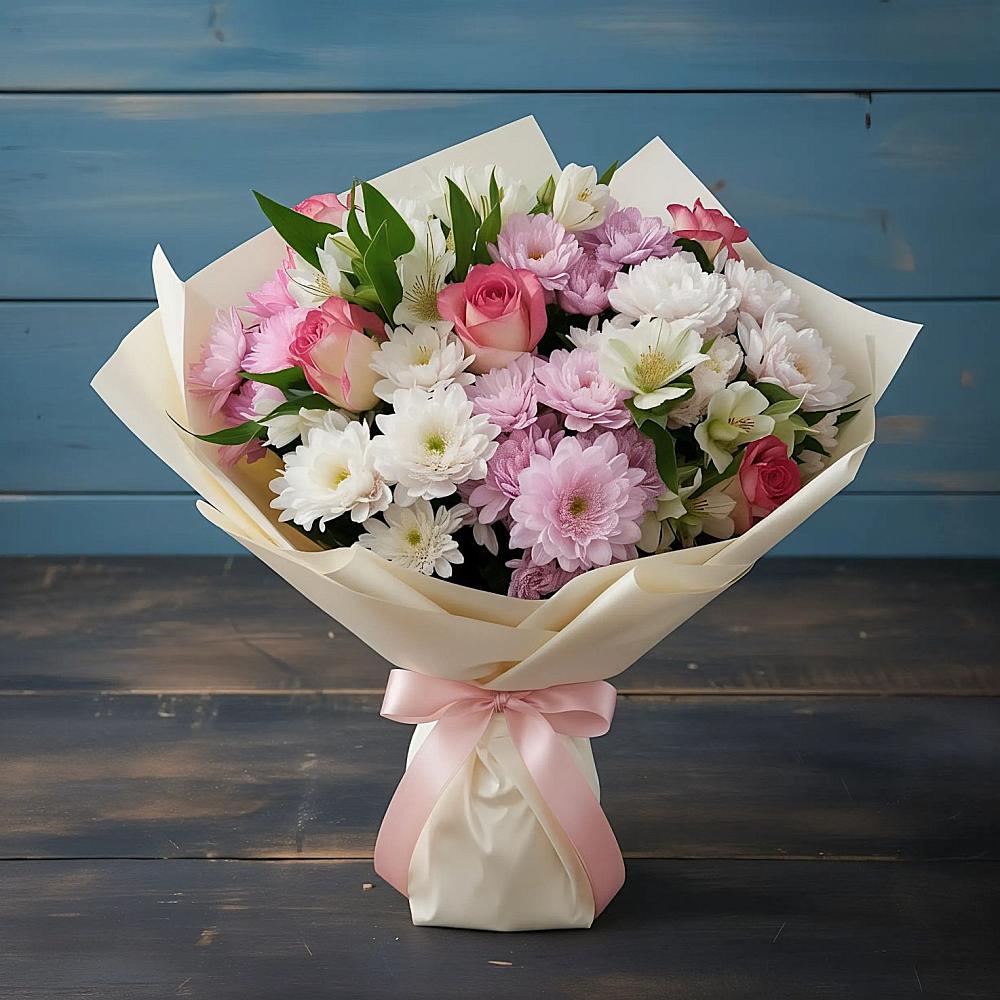 Букет цветов из: Хризантемы, Альстромерии и Розы в Перелёшинский